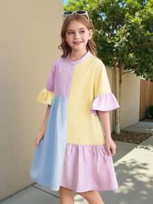 SHEIN 少女度假休闲梭织拼接衬衫裙 - 彩色 - 查看 7