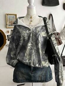 Glimmora Women's Loose Casual Sweatshirt With Digital Print, Stand Collar And Half-Open Hem - Multicolor - View 1