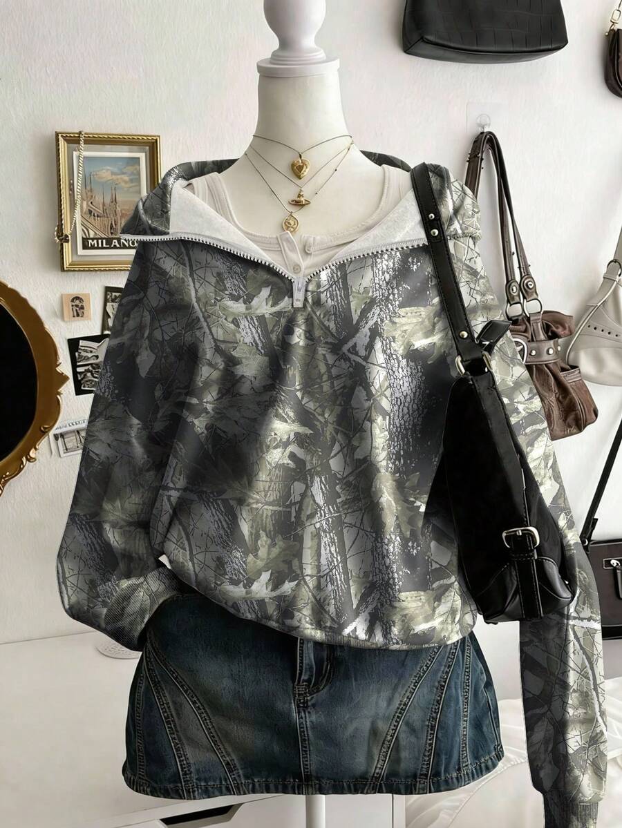 Glimmora Women's Loose Casual Sweatshirt With Digital Print, Stand Collar And Half-Open Hem - Multicolor - View 1