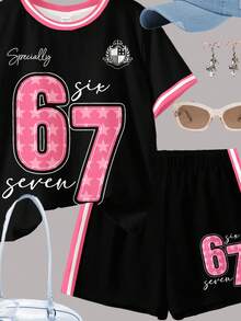 2pcs/Set Teen Girl Casual Striped Graphic Print Short Sleeve Round Neck T-Shirt And Shorts, Suitable For Spring/Summer Daily Wear, Homewear, Sports, School - Multicolor - View 6