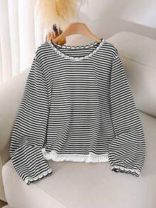 CosyJoli Plus Size Women Crew Neck Striped T-Shirt With Tassel Hem Design, Casual All-Match Versatile Tee/Fall/Winter - Black - View 7
