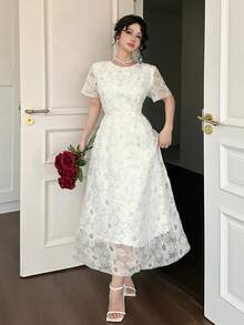 DAZY 女士蕾丝修身中长连衣裙 - 杏色 - 查看 4