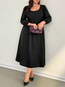 SHEIN Essnce Plus-Size Women's Spring And Autumn Fashion Casual Loose Comfortable Daily V-Neck Textured Fabric Waist Black Long Sleeve Mid-Length Dress With Pockets, Fall Outfits, Church Clothes For Women / Square/ Valentine's Day /Valentine Outfits For Women/Three-Quarter Sleeves, Square Neck, Fitted Waist, A-Line Skirt, Preppy Back-To-School Style Dress/Black A-Line Skirt/Office Commuting