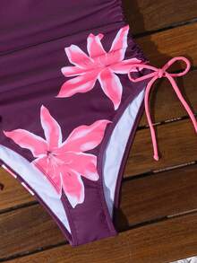 Swim Mod Women's Fresh Style Solid Light Yellow Graphic Print Adjustable Strap Side Drawstring One-Piece Swimsuit, Summer Beach Outfit - Multicolor - View 5