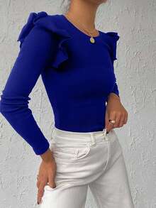 EURMUSE 95%棉罗纹针织荷叶边T恤 - 藍色 - 查看 3