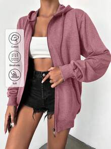 EURMUSE 100%Cotton Solid Zip Up Drawstring Hoodie - Dusty Pink - View 1