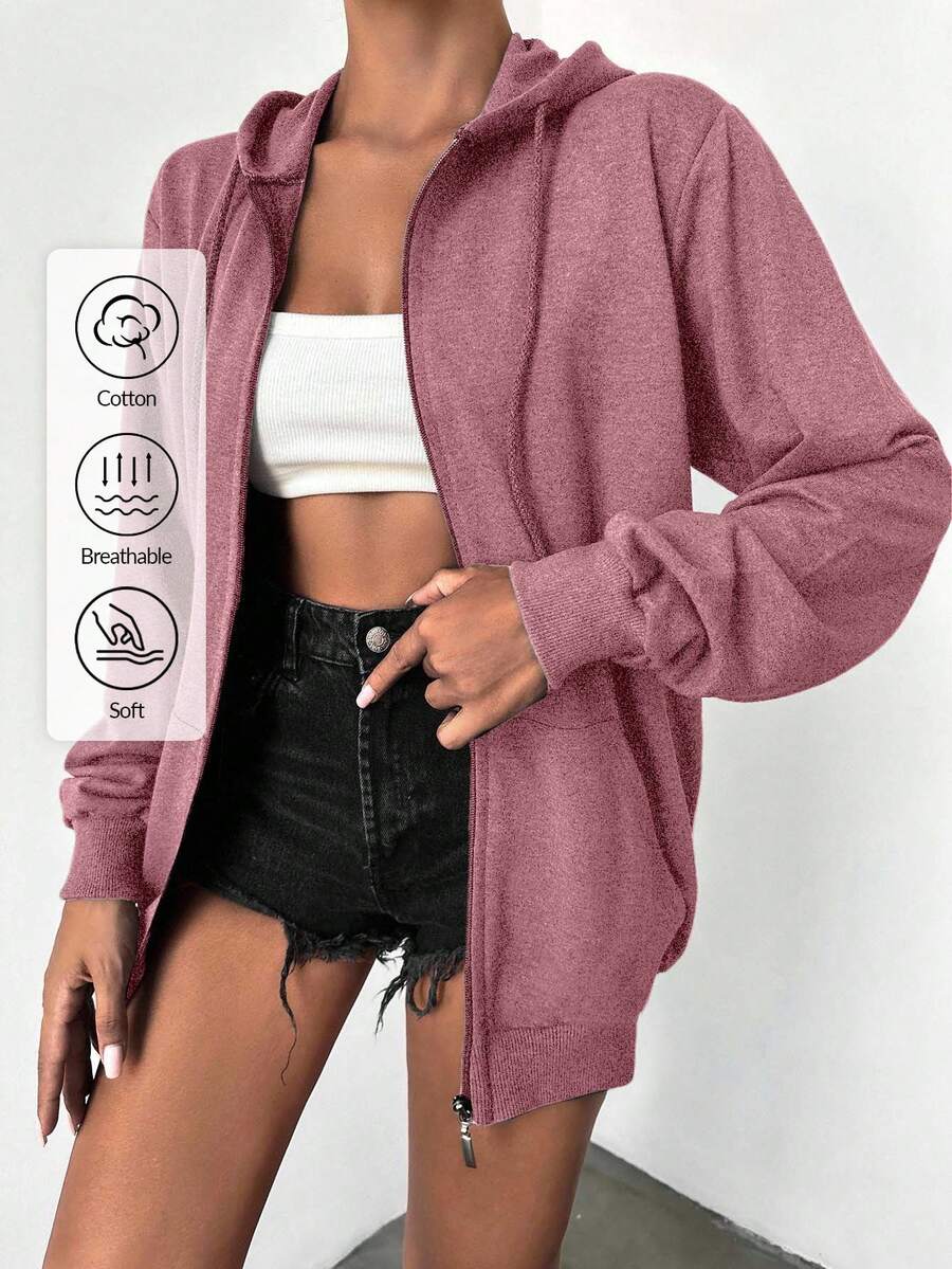 EURMUSE 100%Cotton Solid Zip Up Drawstring Hoodie - Dusty Pink - View 1