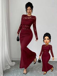 Glamine 极简时尚褶皱蕾丝拼接牛奶丝弹力圆领长袖连衣裙，适合单身派对、聚会等场合。 - 酒紅色 - 查看 3