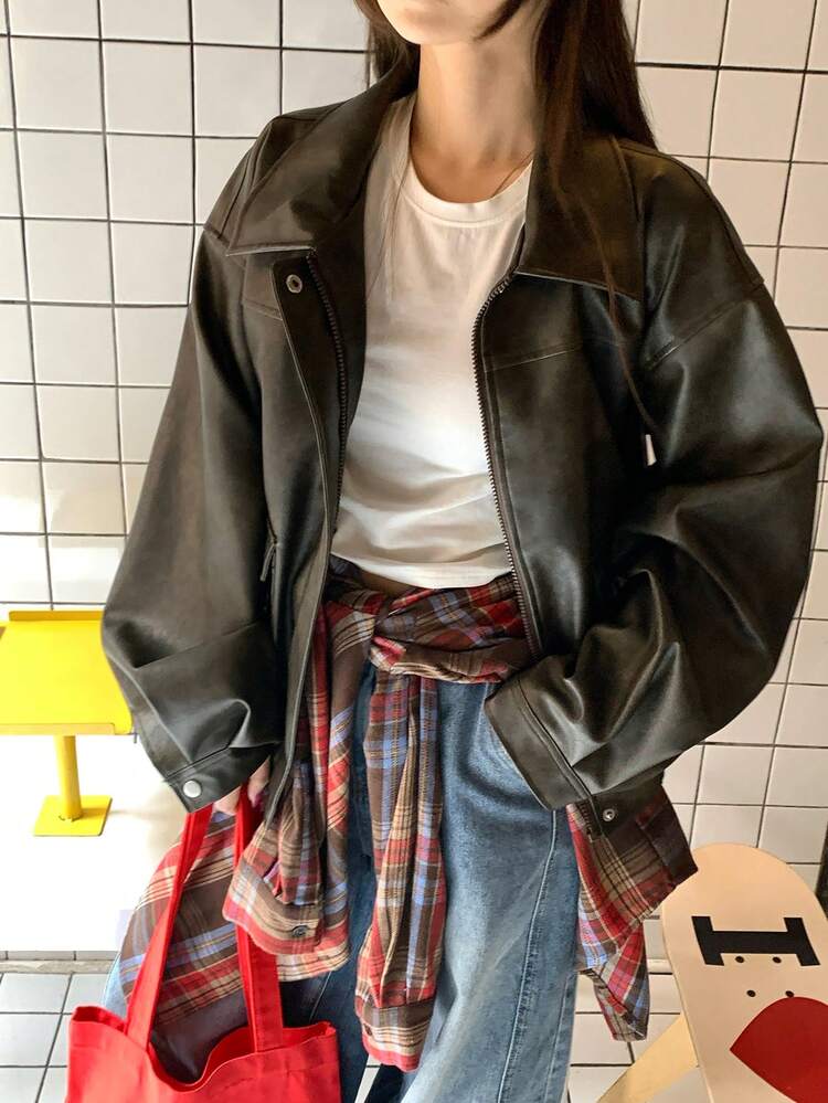 Women's Casual Street Style Solid Color Long Sleeve Motorcycle Jacket, Versatile For Spring And Autumn