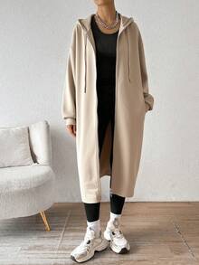 SHEIN EZwear 卡其色连帽夹克（带保暖衬里）女士秋冬款 - 卡其色 - 查看 5