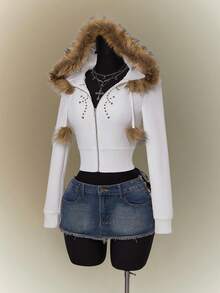 SHEIN ICON Áo nỉ dài tay màu trắng có mũ trùm đầu, khóa kéo, họa tiết quả cầu lông, phong cách Gothic Boho Y2K dành cho nữ, thích hợp đi học. - trắng - Xem 5