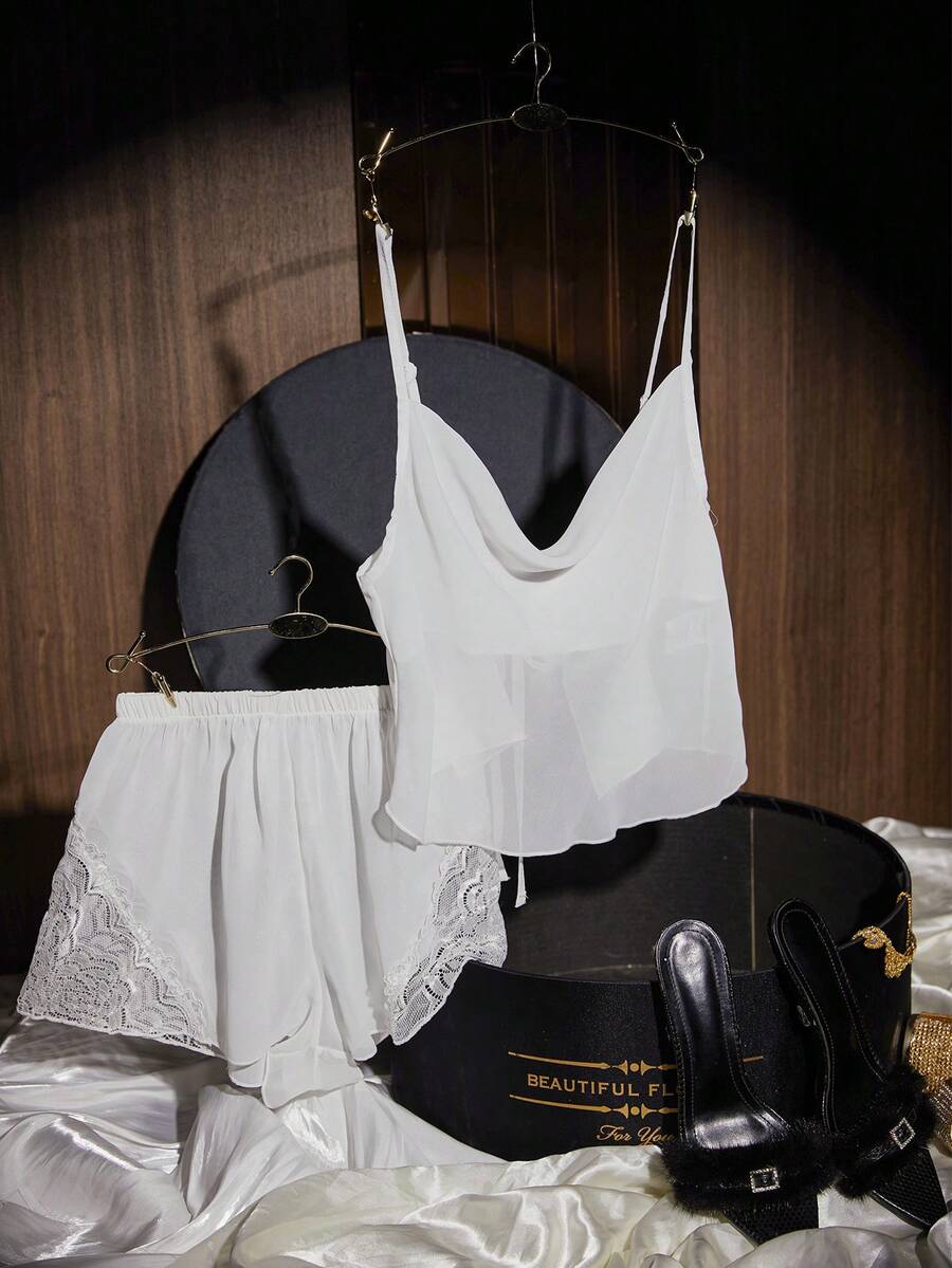 SilkySpell Sexy Lace Trim Sheer Mesh Camisole Top, Hollow-Out Delicate Sleepwear Set - White - View 1
