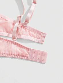 ROMWE Kawaii 3件套可爱性感植绒爱心提花钢圈文胸、丁字裤和吊袜带内衣套装 - 粉色 - 查看 3