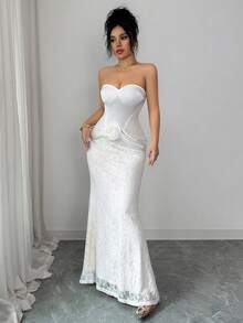 Selianne Satin Strapless Formal Dress, Lace Waist Cincher, Fishtail Hem, Sexy French Elegant Luxurious Party/Date Dress, Slim-Fitting White Gown With Satin Ribbon, Floor-Length Dress - White - View 4