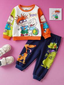 Nick 90s | SHEIN Baby Boy Cartoon Figure Graphic Colorblock Sweatshirt And Navy Blue Dog Dinosaur Print Sweatpants 2-Piece Set, Suitable For Autumn/Winter Fall - Navy Blue - View 2