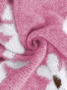 EMERY ROSE 女士休闲蓬松花朵图案圆领落肩长袖针织套头毛衣，秋冬款 - 粉色 - 查看 3