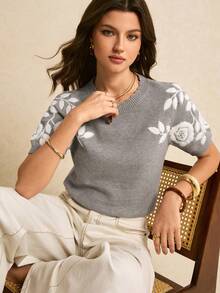 Poéselle 女士花卉刺绣圆领短袖休闲针织上衣 - 灰色 - 查看 6