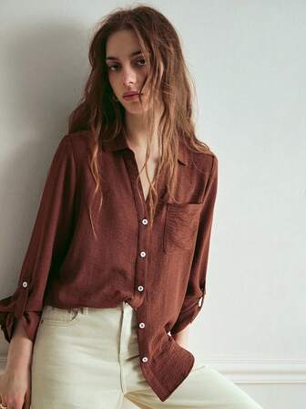 Écloséra 休闲纯色口袋纽扣长袖简约衬衫