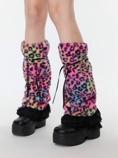 Goth 1 Pair Y2K Colorful Punk Style Leopard Print, Star, Lace Trim, Fluffy Leg Warmers, Fashion Minimalist Wild Design For Women, Suitable For Daily, Party, Date, Shopping, Etc.