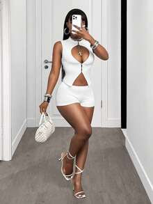 Swim SXY Bộ đồ dự tiệc gợi cảm dành cho nữ: Áo và quần short cổ tròn khoét ngực, vạt bất đối xứng. - trắng - Xem 7