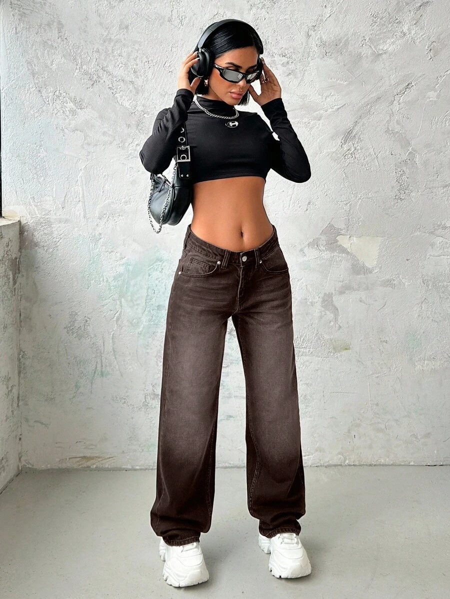 EURMUSE WOMEN STRAIGHT LOW WAIST JEANS - Black - View 1