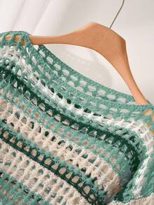 CosyJoli 大码休闲蓝白条纹镂空船领宽松短款长袖毛衣女士绿色毛衣套头衫针织上衣钩针上衣夏季女式毛衣秋冬 - 綠色 - 查看 3