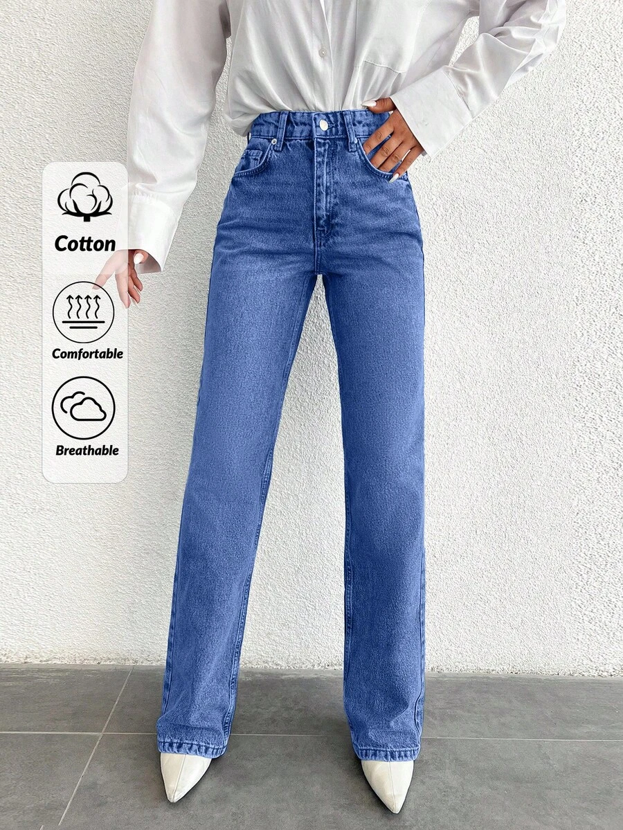 SHEIN Tall 高腰休闲直筒牛仔裤 - 中等水洗藍 - 查看 1