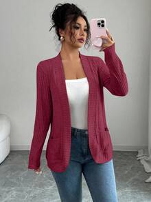 SHEIN PETITE 女款休閒螺紋刷毛開襟側口袋短版輕量外套 紅色開襟外套 女款開襟外套 有口袋休閒開襟外套 紅色長袖開襟外套 - 酒紅色 - 查看 1