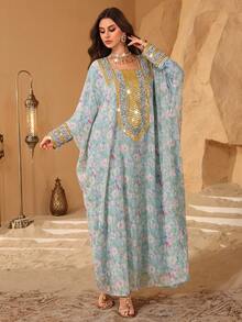 Al Najma Romantic Elegant Square Neck Embroidered Dress, Spring/Summer Kaftan Jalabiya Dress - Multicolor - View 5