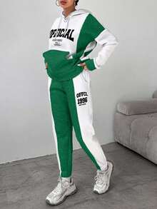 EURMUSE Set de 2 piezas de top con capucha y pantalones con estampado de color contrastante para mujer - Verde Oscuro - Ver 4