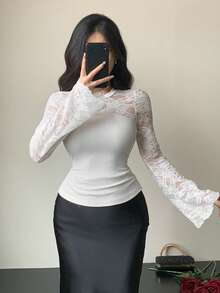 DAZY 女士圆领蕾丝拼接长袖修身两件套优雅T恤外出上衣 - 白色 - 查看 5