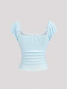 Sweetra 波点娃娃领针织印花波点蝴蝶结休闲修身罗纹边T恤，甜美可爱，春夏款 - 藍色 - 查看 2