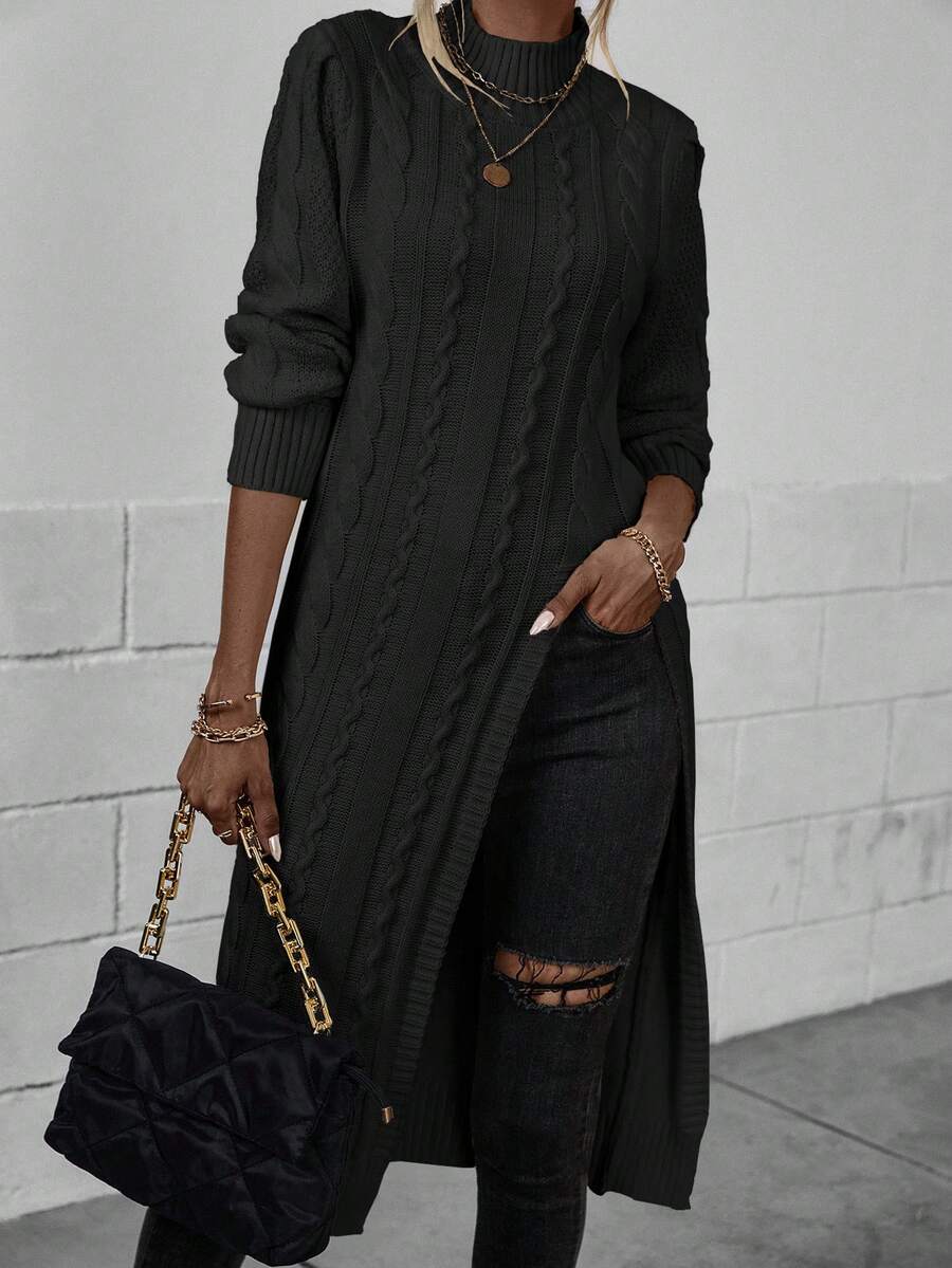 EMERY ROSE Casual Solid Color Stand Collar High Slit Sweater, Autumn/Winter - Black - View 1