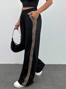 EURMUSE Leopard Trim Belly Detailed Long Wide Leg Black Pants - Black - View 6