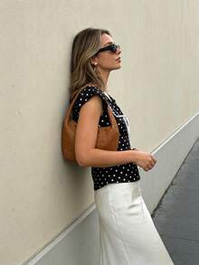 Pariaura 2026新款女士波点衬衫，荷叶边泡泡袖，撞色拼接，前领蝴蝶结，波浪形缎带饰边，拉链闭合，休闲办公通勤度假简约衬衫 - 黑色 - 查看 3