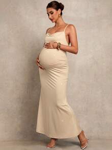 MaterniChic Elegant Champagne Summer Maternity Dress For Party,Pregnant Women Apricot-Colored High Elasticity Backless Halter Neck Valentines Day Party Dresses - Apricot - View 1