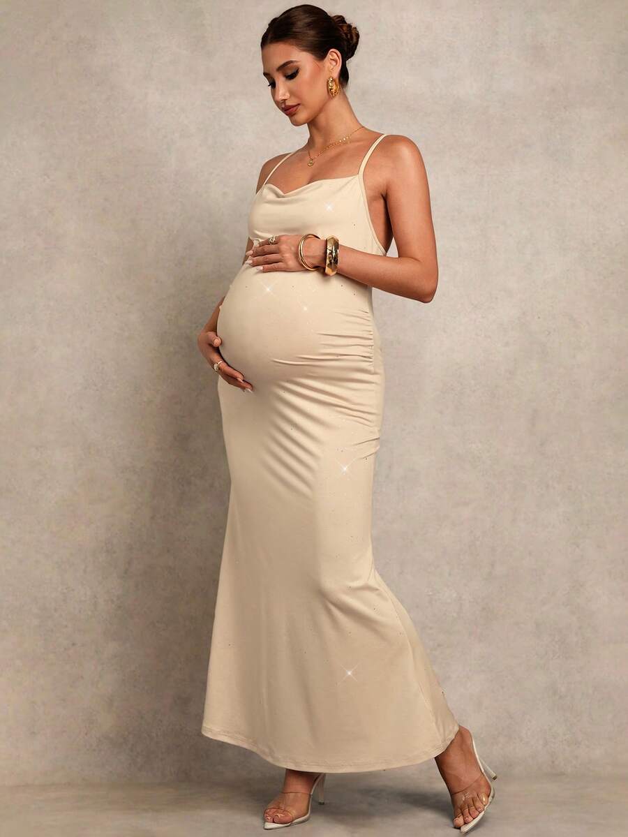 MaterniChic Elegant Champagne Summer Maternity Dress For Party,Pregnant Women Apricot-Colored High Elasticity Backless Halter Neck Valentines Day Party Dresses - Apricot - View 1