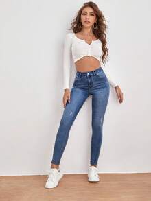 SHEIN PETITE Women's Casual Ripped Skinny Slim Fit Pencil Leg Jeans - Medium Wash - View 3