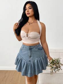 Sunnyshic Jupe mini en jean bleu marine à volants pour femmes grandes tailles - Bleu azur - Voir 4