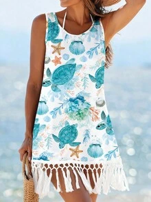 Swim Lushoire 女士夏季沙滩多色随机印花圆领无袖拼接流苏下摆罩衫 - 彩色 - 查看 5