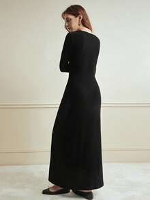 Franclia Striped Textured Elegant Round Neck Midi Dress For Women - Black - View 3