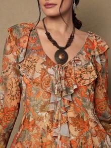 SHEIN VCAY Đầm maxi dáng bohemian cổ chữ V in hoa tay bồng có thắt lưng dành cho nữ cỡ lớn, thích hợp cho mùa xuân/thu. - Gỗ đỏ - Xem 6