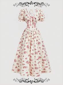 SHEIN MOD 女士碎花泡泡袖连衣裙，适合正式场合、派对、约会、情人节等各种场合，包括优雅、沙滩、度假、乡村音乐会、春季和下午茶。 - 彩色 - 查看 2