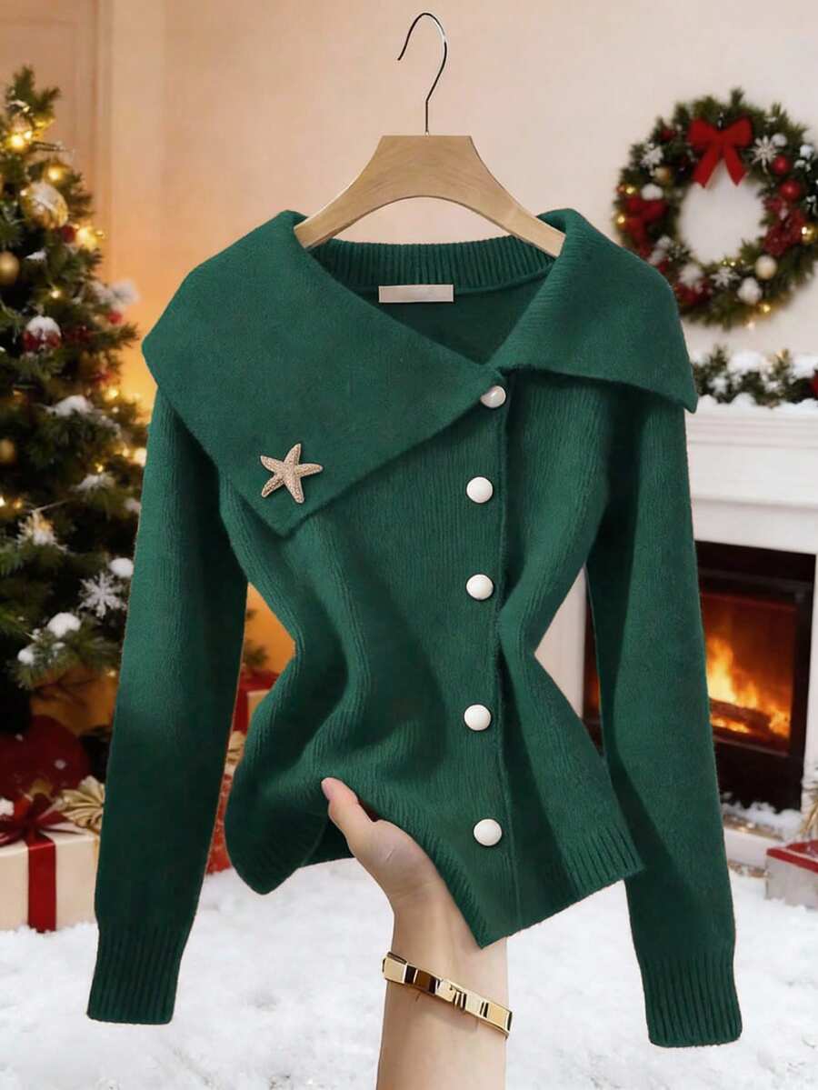 Franclia Elegant Metallic Starfish Button Cardigan With Oversized Collar, Waist Cinching Design, Flattering Fit - Inspired By European Fashion Blogger Styles - Dark Green - View 1