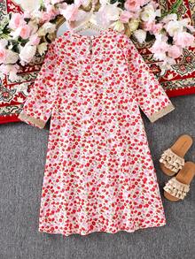 SHEIN Girls Multicolor Floral Print Long Flared Tunic Dress,V Neck Long Sleeves Tape Details Casual Style White,Autumn,Matching,Family Vacation,Holiday - Multicolor - View 2