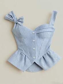 INAWLY Blue & White Striped Bow Strap Waist Ruffle Hem Cropped Camisole - Blue - View 1