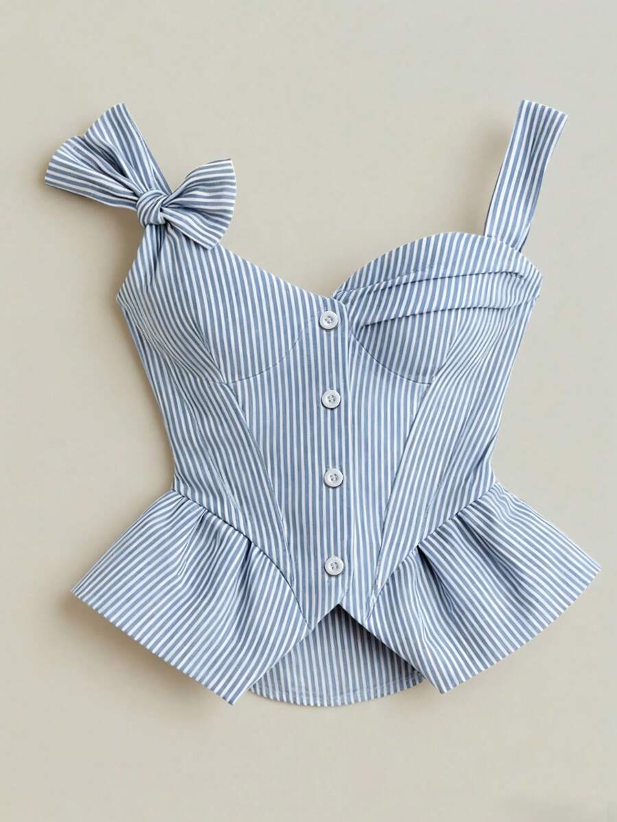 INAWLY Blue & White Striped Bow Strap Waist Ruffle Hem Cropped Camisole - Blue - View 1