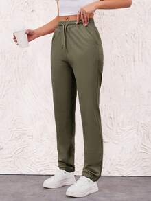EURMUSE Cotton Women's Drawstring Waist Pocket Jogger Pants - Army Green - View 5