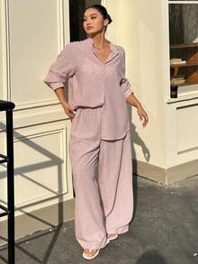 Dazy Plus Fashionable Casual Round Neck Loose Long Sleeve Cardigan Shirt & Wide Leg Long Pants 2 Pieces Set, Pink, Spring/Autumn - Baby Pink - View 5