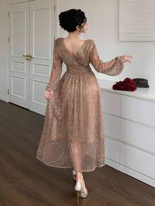 DAZY Women's V-Neck Long Sleeve Sequin Fabric Waist Cinched Long Elegant Dress Valentine's Day - Dusty Pink - View 4